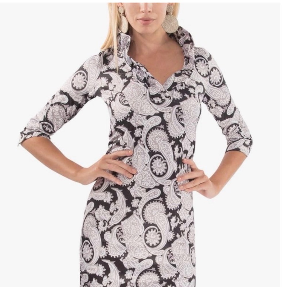 Gretchen‎ Scott Womens Black White Paisley Ruffle Neck Shift Dress S 3/4 Sleeve